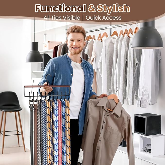 2PCS Tie Rack Hanger for Closet Upgraded 2-in-1 Tie and Belt Hanger Non Slip Tie Rack with 20 Hooks Tie Hanger Space Saving Wooden Belt Tie Organizer for Tank Tops Bras Cami Scarves, Walnut Color