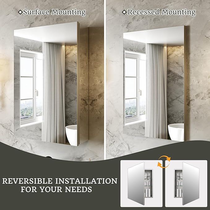 16x24 Bathroom Medicine Cabinet with Mirror,Aluminum Alloy Frame with Mirror Side Panels,Surface or Recessed Medicine Cabinet with Adjustable Shelves,Assembly Required