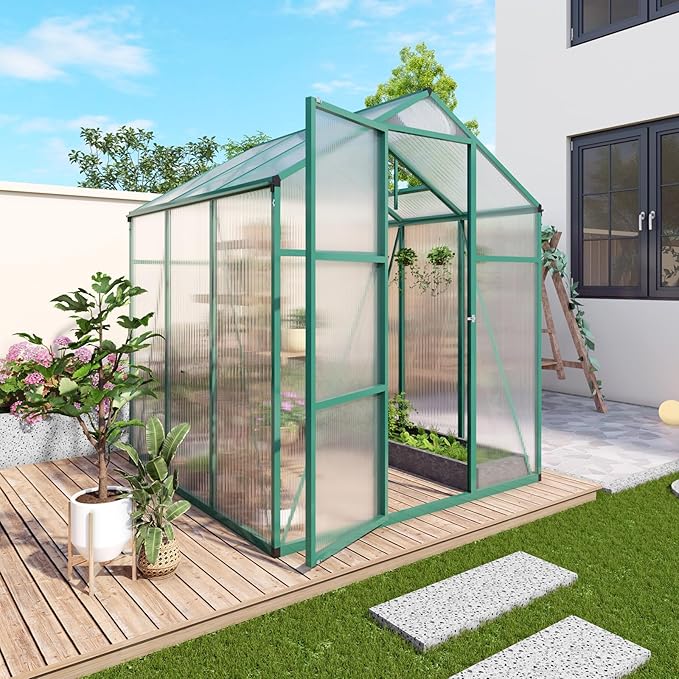 Polycarbonate Greenhouse with Rain Gutter and Roof Vent, Raised Base and Anchor Aluminum Heavy Duty Walk-in Green House, Outdoor Patio Sunroom for All Season (Green, 97*72.83*86.42in)