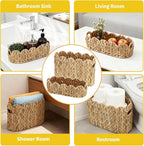 Garvee 2-Pack Scalloped Wicker Basket for Bathroom, Hand-Woven Rattan Toilet Paper Storage Basket with Built-in Handles, Small Decorative Organizer for Countertop, Shelf