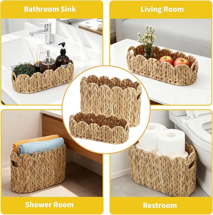 Garvee 2-Pack Scalloped Wicker Basket for Bathroom, Hand-Woven Rattan Toilet Paper Storage Basket with Built-in Handles, Small Decorative Organizer for Countertop, Shelf