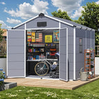 MELLCOM 8 x 8 FT Resin Outdoor Storage Shed with Floor, Storage Tool Shed with Windows and Lockable Door, Resin Garden Shed for Lawnmower, Bike, Pool Supply