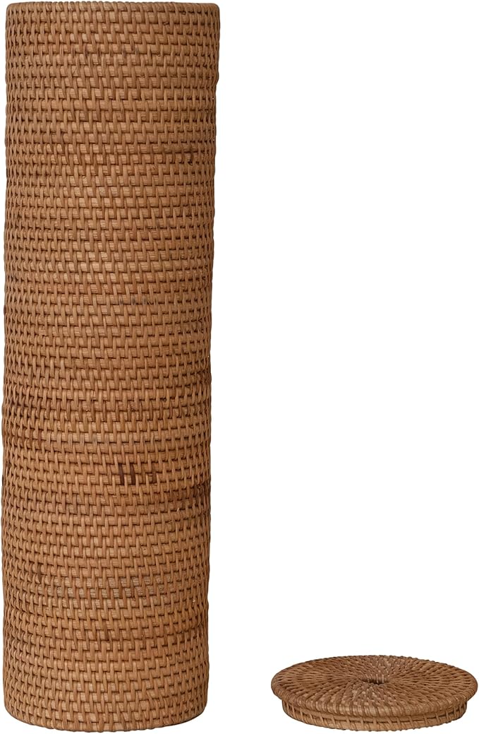 Creative Co-Op Woven Rattan Toilet Paper Roll Storage with Lid, Natural