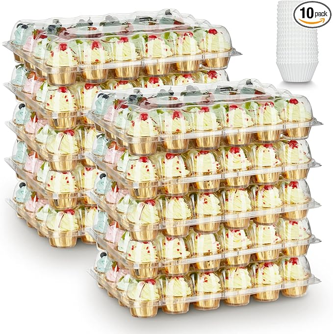 (24 Pack x 10 Sets) Stackable Cupcake Carrier Holders with 240 Pack Cupcake Liners, Plastic Cupcake Boxes Holders for 24 Cupcakes, High Tall Dome Lid Cupcake Containers, Clear Cupcake Trays