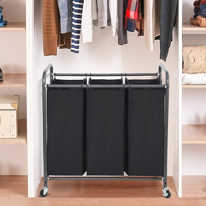 STO STO Laundry Sorter 3 Section, 3 Bag Clothes Hamper, Rolling Laundry Cart Basket with Heavy Duty Lockable Wheels and Removable Bag for Laundry Room, Bedroom, Closet, Black