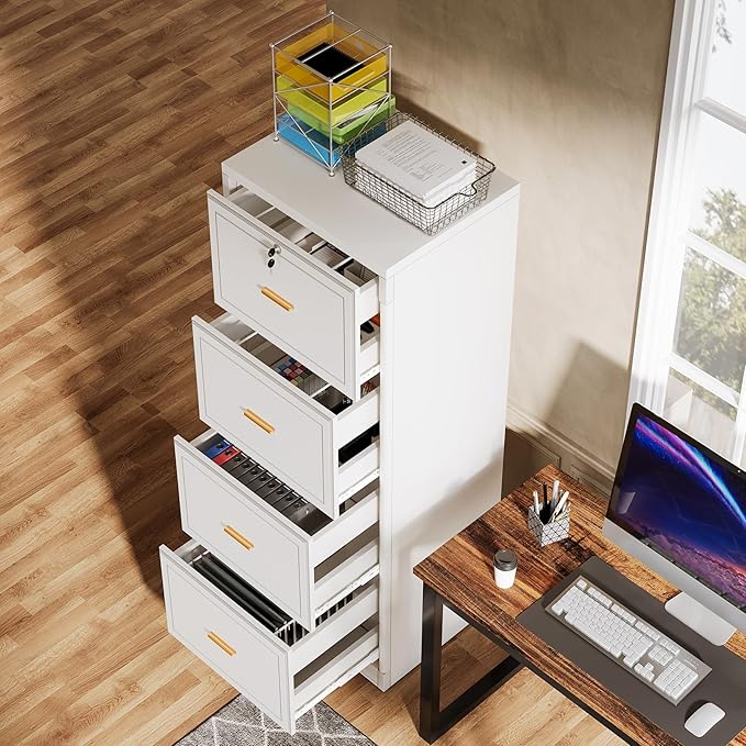 Tribesigns 4-Drawer File Cabinet with Lock, Locked File Cabinet with Key, Tall Wooden Filing Cabinets for Home Office, Vertical Office Storage for Legal Size/Letter/A4/Files, White (2 Pcs)