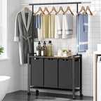 Laundry Sorter 3 Section With Extendable Hanging Bar, Heavy Duty Laundry Basket With Rolling Lockable Wheels And Shelf, Laundry Room Organization And Storage