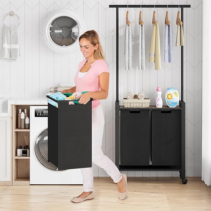 2 Laundry Hamper Sorter with Wheel/Lockable, Laundry Room Organization With Shelf, 42" Hanging Rack+12" Extendable Rod, Laundry Basket for Balcony, Cloakroom