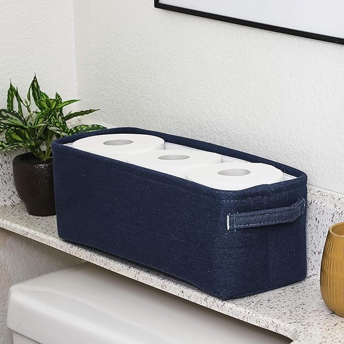 Juvale Jute Toilet Tank Basket - Space-Saving Navy Back-of-Toilet Organizer - Countertop Bathroom Organizer & Bath Tissue Holder - Navy Bathroom Basket for Decor & Organization - Blue, 16" x 6" x 5.5"