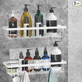 2 Pack Adhesive White Shower Caddy Organizer with Hooks, Rustproof No Drilling Wall Mounted Storage Shelf Rack for Inside Shower/Bathroom/Kitchen
