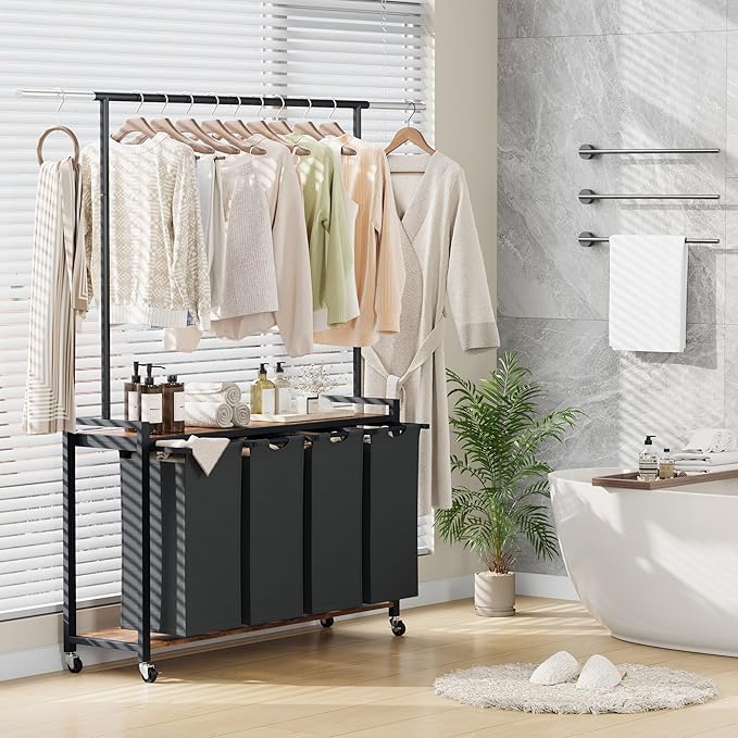 Versatile Laundry Sorter Hamper with Hanging Rack & Shelf – 4-Section Rolling Clothes Organizer, Utility Shelf, Lockable Wheels, Multi-Room Storage for Laundry Room, Bedroom, Bathroom