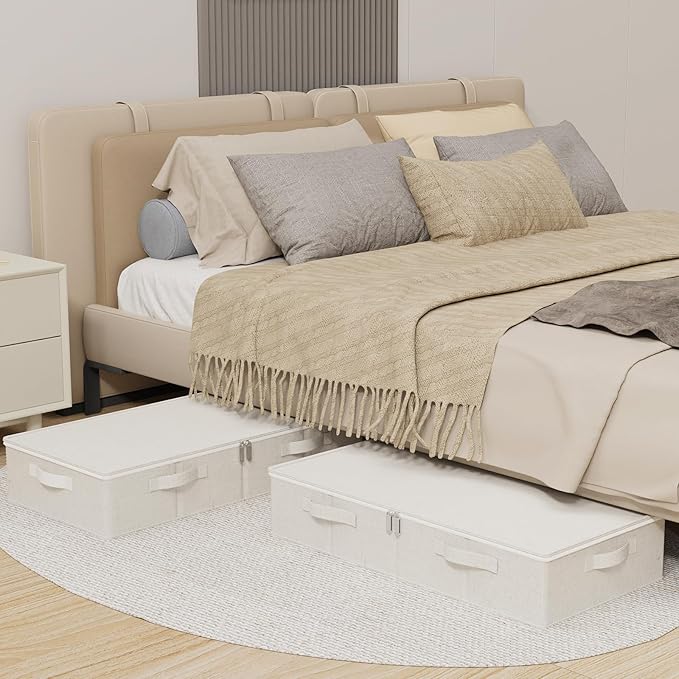 Underbed Storage Bins Compartment, Foldable Under Bed Boxes Organizer, Cube Container with Lid for Organizing Clothes, Sheets, Blankets, Comforter, 31.4x15.7x5.9in, Beige, 2 Pack