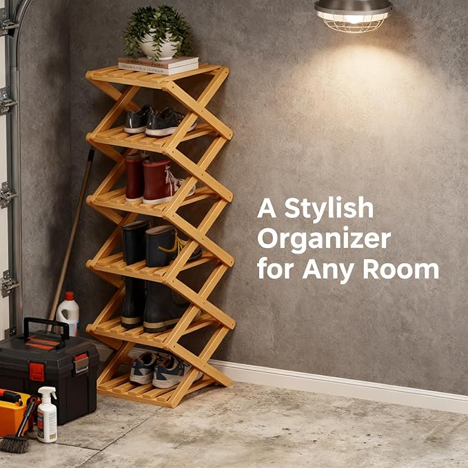 The 9-Tier No-Assembly Bamboo Rack, 2026 Upgraded Foldable Bamboo Shoe Rack, Space-Saving Organizer for Shoes, No Assembly Narrow Shoe Shelf for Entryway Closet Dorm (Brown,9-Tier)