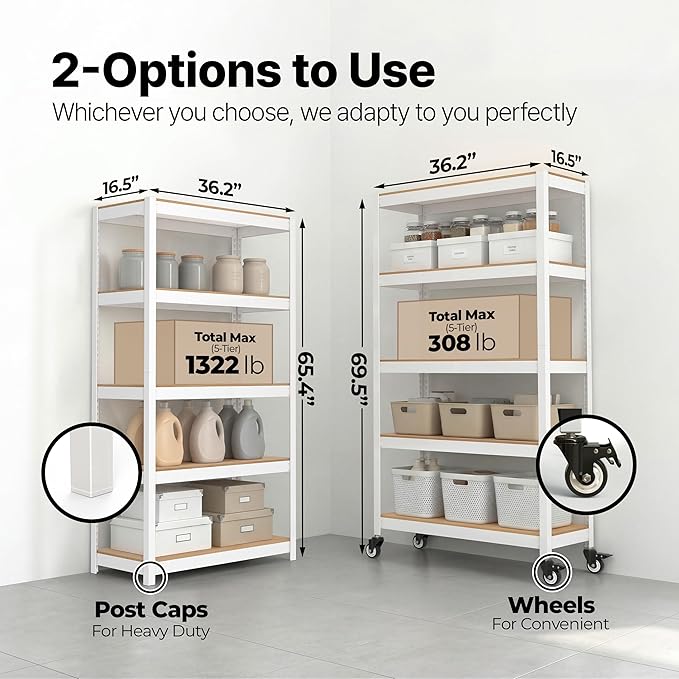 HOMEDANT House 5 Tier Heavy Duty Garage Shelving Adjustable Metal Rack Storage Shelves Standing Shelf Unit Organizers Pantry Closet Office (1, White, (Wheels) 36.2" W x 16.2" D)