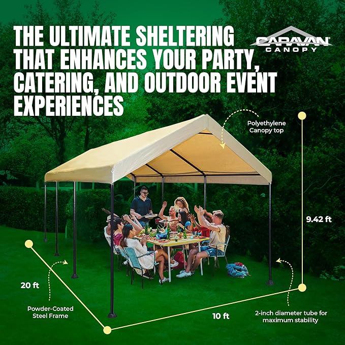 Caravan Canopy Mega Domain Carport with Waterproof Polyethylene Top, Durable Steel Frame, Compression Lock, and Easy Assembly, 10 by 20 Feet, Tan