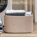 Large Cotton Rope Storage Basket with Leather Handles, Laundry Hamper Basket, 20 "L x 14" W x 12 "H, Durable & Stylish Organizer for Home.(Large Khaki)