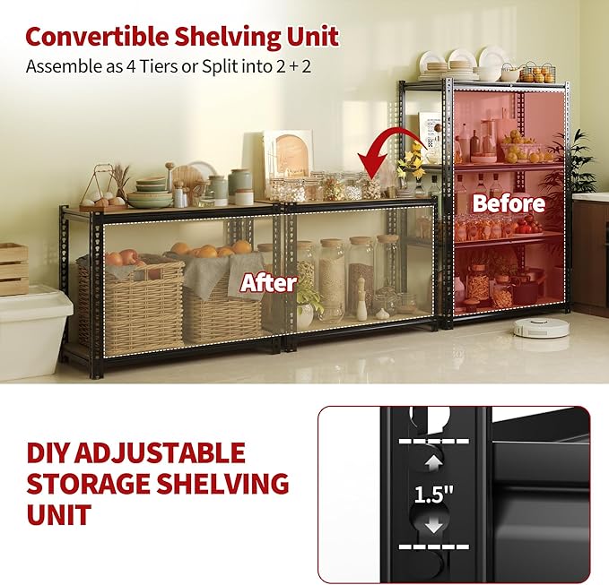 Heavy Duty Garage Storage Shelves, 2400 Lbs Capacity, 4-Tier Adjustable Storage Shelving Unit, 48" L x 24" W x 60" H Metal Shelving Racks for Kitchen Pantry Basement Bathroom Laundry