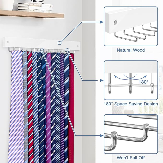 【2 in 1】 2 Pack Tie Organizer Belt Organizer Wall Mounted, Space Saving Tie Rack Belt Hanger for Closet with 24 Storage Hooks, Belt Tie Holder for Closet Organizer Storage White