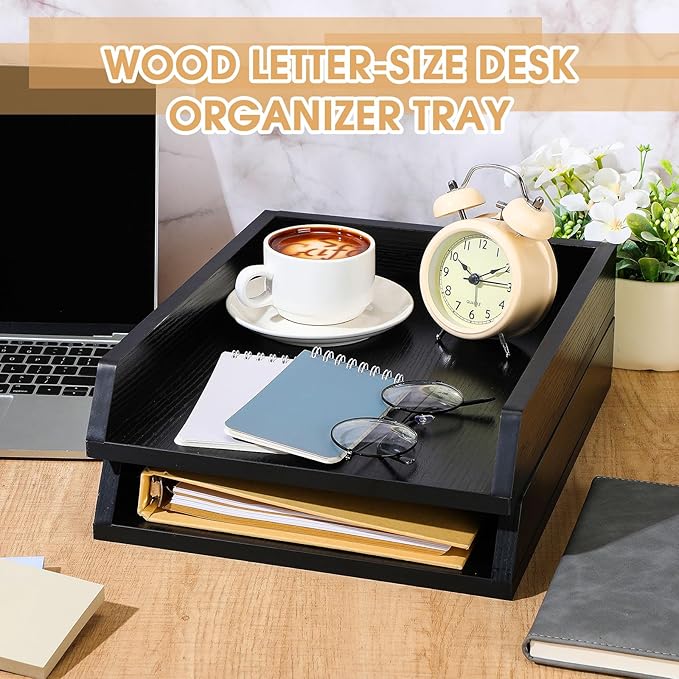 2 Pcs Wooden Letter Trays Wood Letter-Size Desk Organizer Heavy Duty 2 Tier Stackable Supports Paper Tray Desktop Drawer Organizer File Folder Magazine Office Accessories (Black)