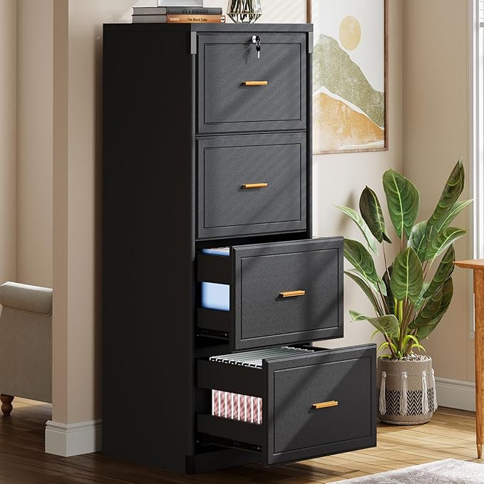 Tribesigns 4-Drawer File Cabinet with Lock, Locked File Cabinet with Key, Tall Wooden Filing Cabinets for Home Office, Vertical Office Storage for Legal Size/Letter/A4/Files, Black