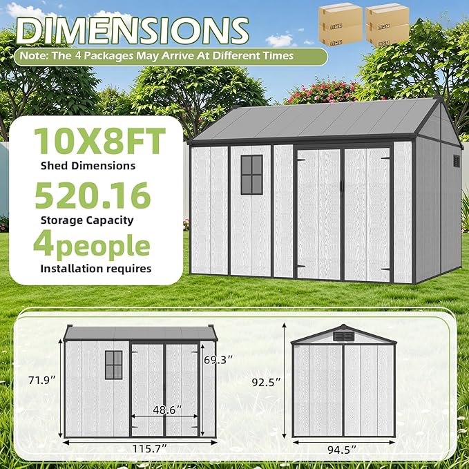 10 x 8 FT Resin Outdoor Storage Shed, All-Weather Plastic Garden Shed with Windows, Lockable Doors & Floor, Plastic Tool Shed for Poolside, Backyard, Patio
