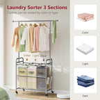 Tajsoon Laundry Hamper with Hanging Rack, 3 Section Laundry Sorter with Heavy Duty Lockable Wheels, Laundry Basket Organizer for Dirty Clothes Storage, 3 Beige