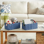 Vagusicc Wicker Storage Basket, Set of 2 Hand-Woven Paper Rope Wicker Basket, Small Storage Baskets for Organizing Toilet Paper Basket, Foldable Large Cube Storage Organizer Bins for Shelves (Blue)