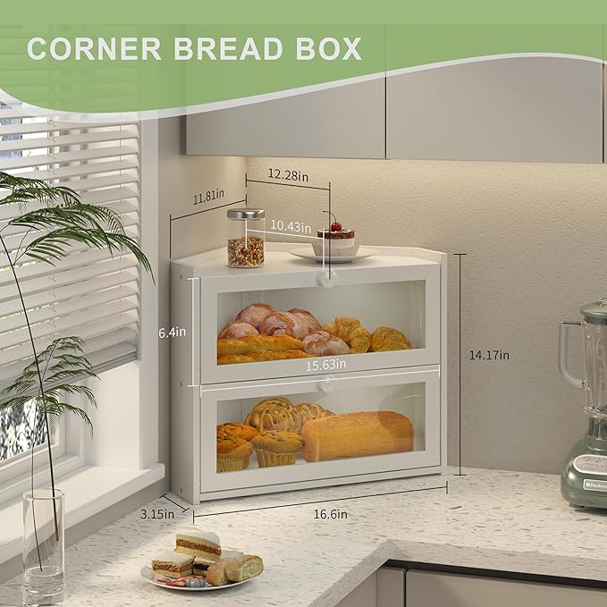 Corner Bread Box for Kitchen Countertop, Large Bread Container Storage Bamboo Wooden Farmhouse Bread Box with Window Bread Holder (White)