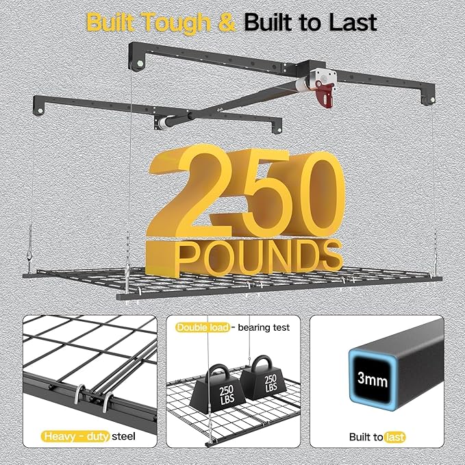 Overhead Garage Storage Rack for 8-10ft Ceiling, Heavy-duty 4x4 FT Garage Ceiling Storage Racks with Safety Lock, Ideal for Storage Mounted Lift System and Storage Organizer, 250lbs Capacity