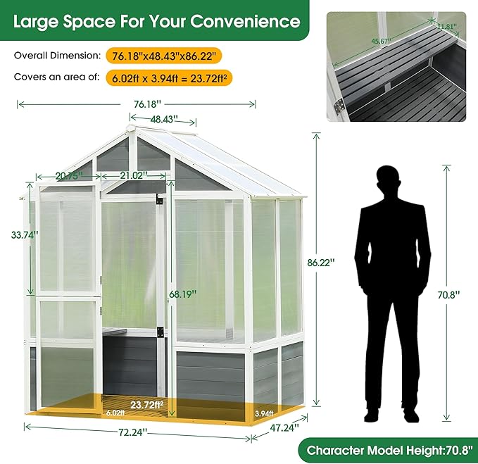 Polycarbonate Greenhouse,Outdoor Wooden Green House, Walk-in Hobby Garden Shed with Front Entry Door,for Patio Backyard Lawn,Plants, White