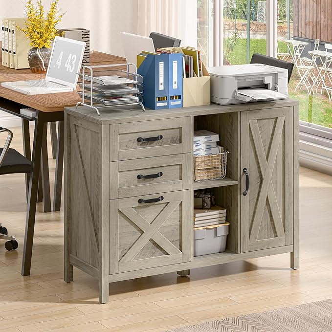 Lateral File Cabinet with 3 Drawers and Door, Farmhouse File Cabinet with Adjustable Shelf for Letter/A4 Size Hanging Files, Printer Stand with Storage Cabinet for Home Office Furniture, Grey