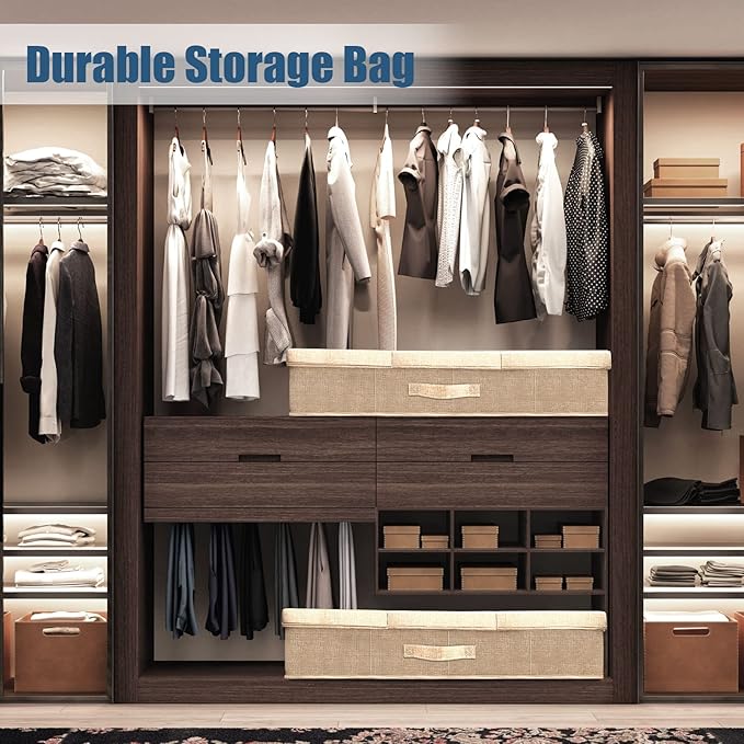 Underbed Storage Containers Bin with Lids (Set of 2) Large Under Bed Storage Organizer Box with Handle, Foldable Under the Storage Bags for Organizing Clothes, Shoes, Blankets, Pillows-Khaki