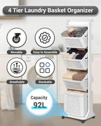4 Tier Laundry Basket Organizer, 92L Vertical Laundry Hamper, Removable Rolling Sorter Baskets With Wheels for Small Space, Dorm, Bathroom, Bedroom