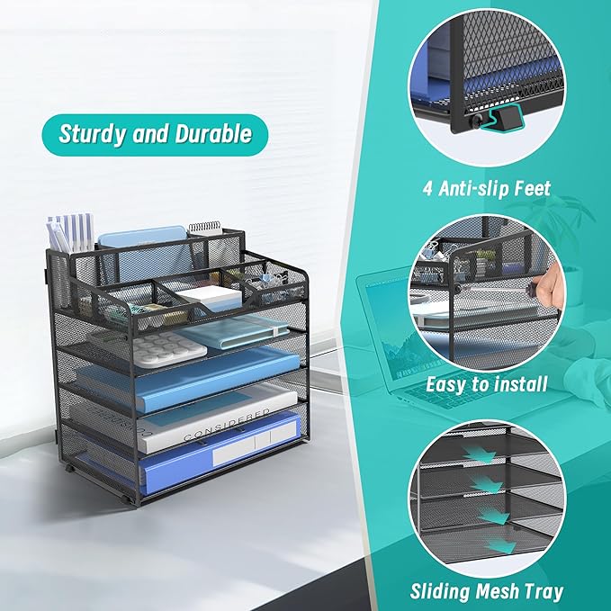 5 Tier Mesh Desk Organizer,Multi Functional Letter Paper Tray with 3 Pen Holders and 5 Adjustable Storage Compartments for Office Supplies Files and Mail Space Saving Desktop Organizer-Black