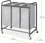 Whitmor Triple Laundry Sorter - 3 Removable Bags with Easy-Grip Handles - Rolling Laundry Sorter - Grey