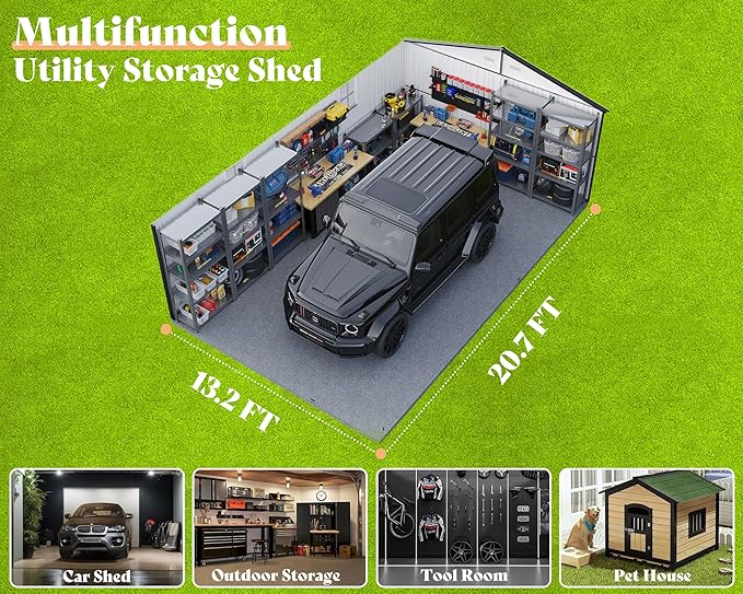 AMERLIFE 13x21x8.4 FT Heavy Duty Metal Garage Shed, Extra Large Outdoor Storage Shed with Double Hinged Doors & 4 Windows, Carport for Car, Boat, Truck and Equipment Storage, Dark Gray