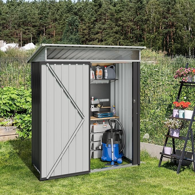 JY QAQA 5x3 FT Outdoor Garden Storage Shed, Waterproof Metal Garden Sheds with Window and Lockable Double Door, Weather Resistant Steel Tool Storage House Shed for Patio, Lawn Dark Gray