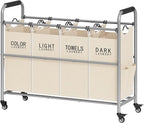Tajsoon 4 Bag Laundry Sorter Cart, 4 Section Laundry Hamper Sorter with Heavy Duty Lockable Rolling Wheels, Laundry Separator Hamper with Removable Bags for Dirty Clothes Storage, Beige