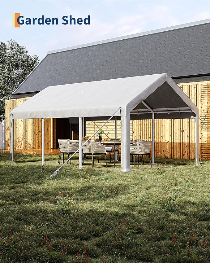 Garvee 12x20 ft Portable Garage, Car Port with 200 g PE Tarp Canopy, with 2 Roll-Up Doors and 4 Windows, for Temporary Paint Booth, Boats&Pickups Shed, and Event Shelter, White