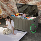 DWVO 90 Gallon Resin Outdoor Storage Box, XXL Double-Wall Waterproof Deck Box, Doubles as Table or Seating with 450 lbs Capacity, Lockable (Light Brown)