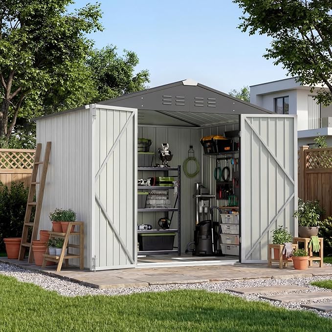 Devoko 8 x 6 FT Metal Storage Shed with Floor Frame Waterproof Garden Tool Shed with Lockable Door, Outdoor Shed Storage House for Backyard Patio Lawn, White
