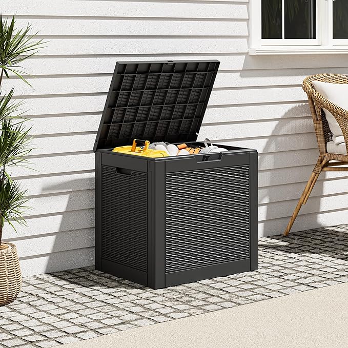 Outdoor Storage Box, Resin Deck Boxes Indoor and outdoor, Waterproof Storage Box Lockable Lid (Black, 31 Gallon)