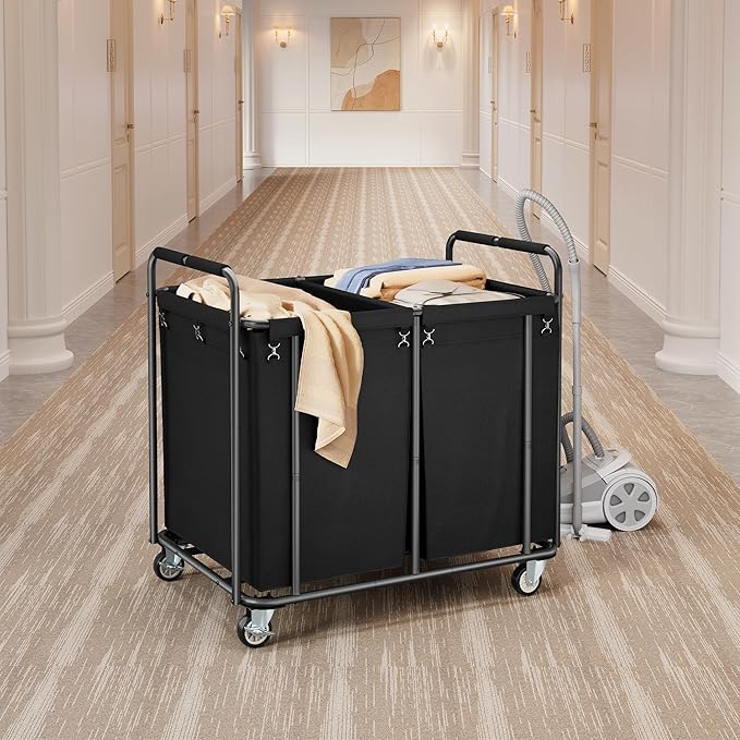 Tajsoon 450L Large Rolling Laundry Hamper with Wheels, 2-Section Commercial Laundry Sorter with Handle, Laundry Basket for Clothes Storage, Laundry Cart for Hotel, Bathroom, Bedroom, Black