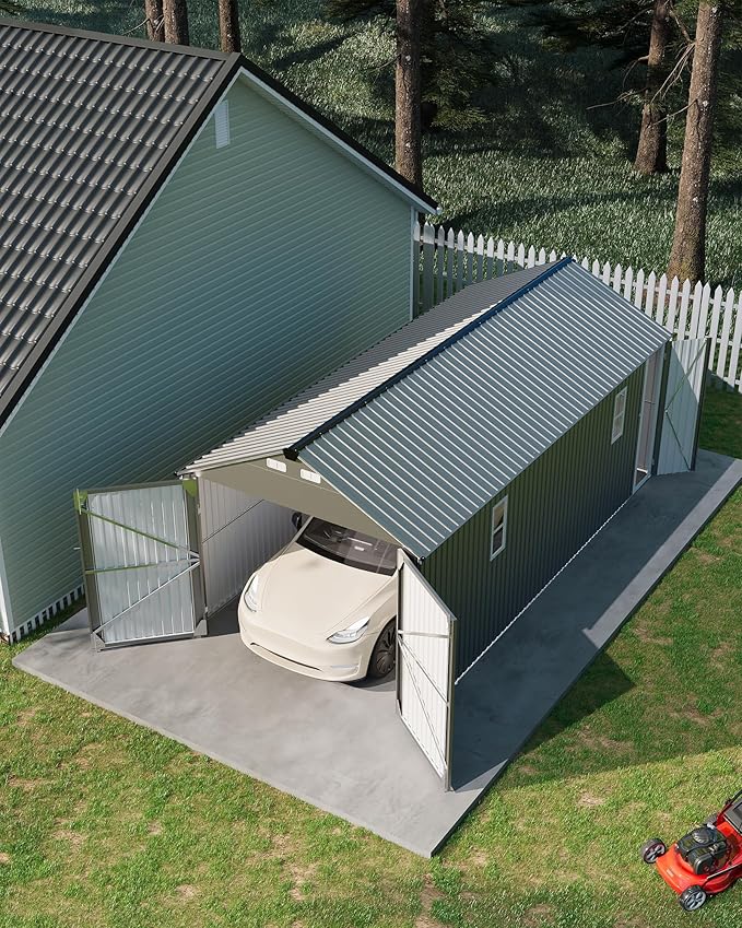 Garvee 10x20 ft Enclosed Metal Carport, Car Port with Vertical Steel Roof for All-Weather Use, Metal Shed with Man Door for Sedans & SUV, Gray