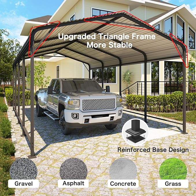 12x20FT Metal Carport, 335LBS Heavy Duty Carport Canopy with Galvanized Steel Roof, 40% Thicker Frame Metal Garage with Reinforced Base, All-Weather Outdoor Storage Car Port for Car, Camping