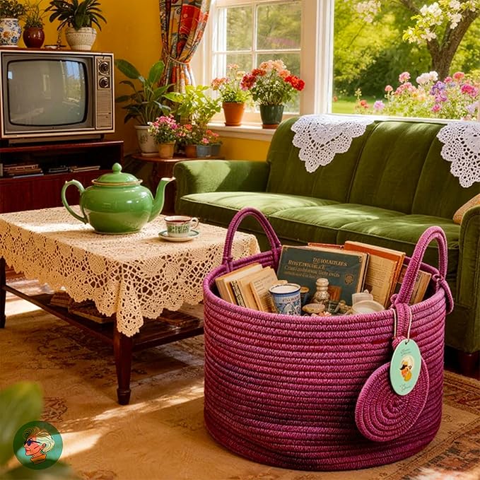Modern Granny Small Cotton Rope Laundry Basket 16x10 Inch Dual Secure Woven Handle for Living Room Closet Clothes Blanket Organization