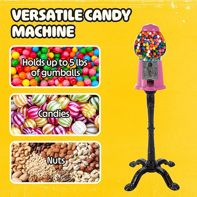 15” Gumball Machine with Stand and Coin Bank - Bubble Gum Machine Candy Dispenser with Glass Globe and Metal Base - Vintage Style Gum Ball Vending Dispenser by Great Northern Popcorn (Pink)