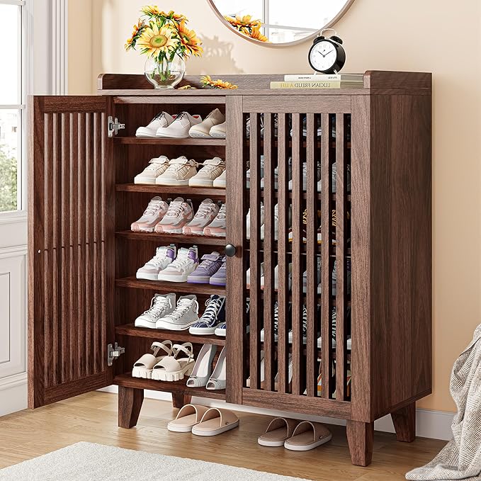 IRONCK Shoe Cabinet with Slatted Doors, 6-Tier Shoe Storage Cabinet with Adjustable Shelves, Wooden Shoe Rack Organizer for Entryway, Hallway, Closet, Living Room, Walnut