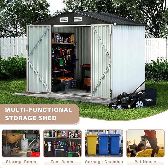 6x8 ft Metal Storage Shed, Outdoor Garden Tool Shed with Lockable Doors & Sloped Roof, Rustproof Galvanized Steel Shed for Backyard, Patio, Lawn White
