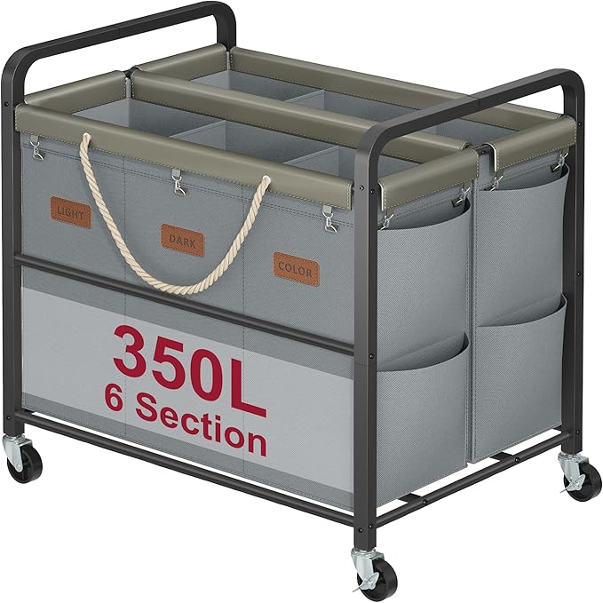 Tajsoon 350L Extra Large Laundry Cart 6 Section, Heavy Duty Laundry Sorter with Lockable Wheels, Laundry Basket with Sturdy Metal Frame, Leather Patchwork Laundry Separated with Removable Bags, Grey